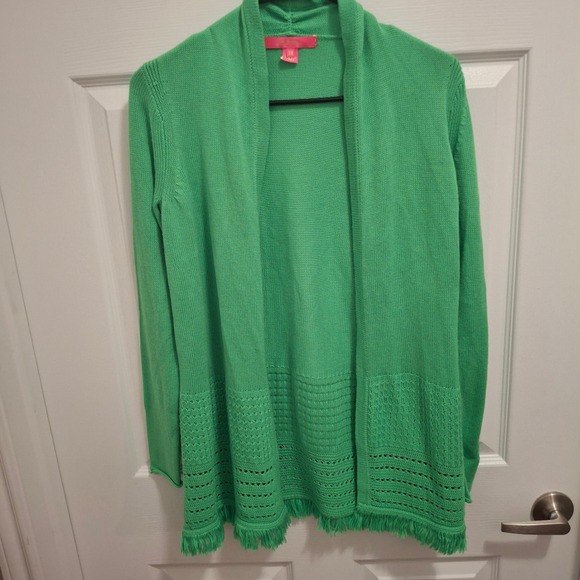 Lilly Pulitzer XS Green Fringe Knit Cardigan Open Front Sweater Top - Picture 1 of 9